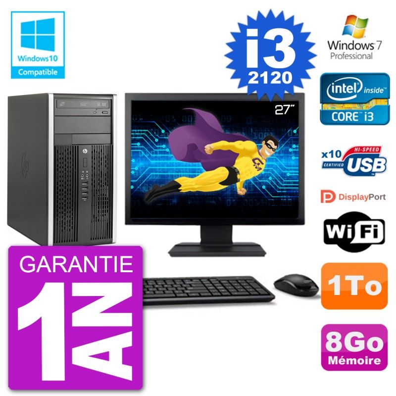 HP Compaq Pro 6300 MT Desktop PC - 27" Screen, Core i3-2120, 8GB RAM, 1TB HDD, DVD Burner, WiFi, Windows 7