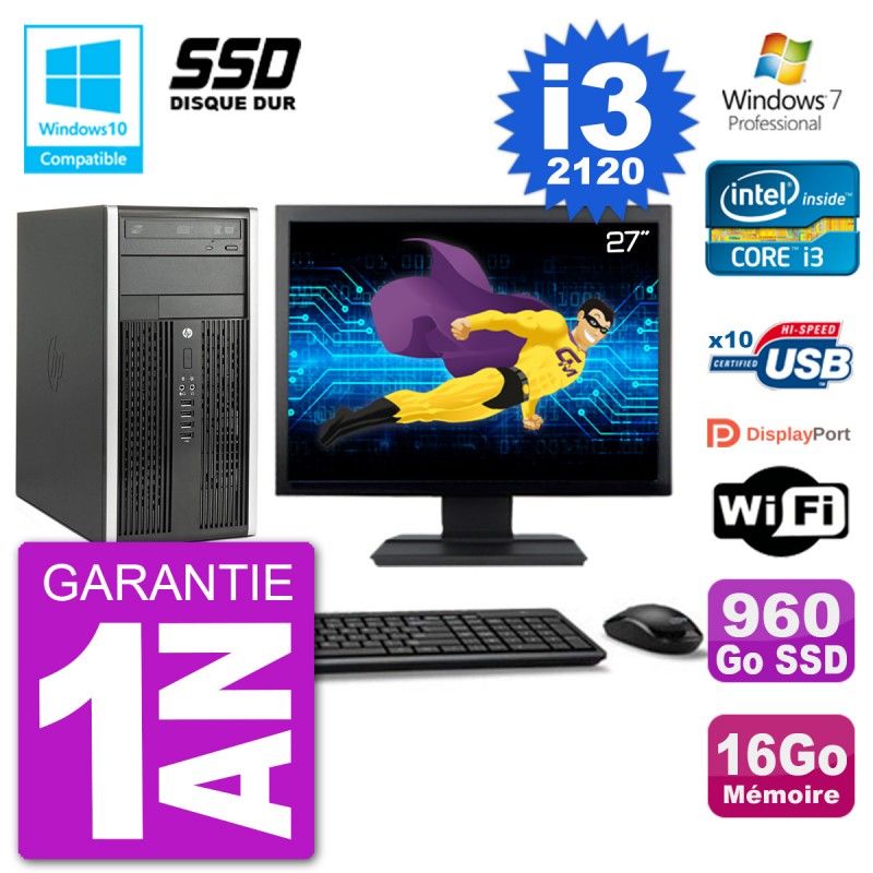 HP Compaq Pro 6300 MT Desktop PC - 27" Screen, Core i3-2120, 16GB RAM, 960GB SSD, DVD Burner, Wifi, Windows 7