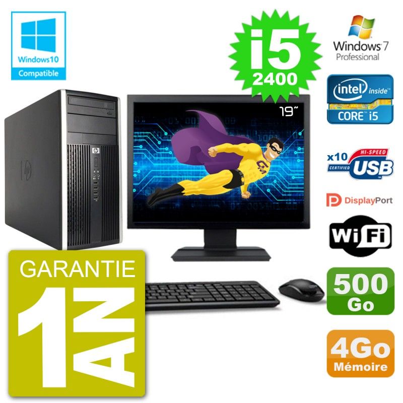 Ordinateur de bureau HP Compaq Pro 6300 MT - Écran 19'', Intel Core i5-2400, 4 Go de RAM, 500 Go de disque dur, lecteur graveur DVD, Wi-Fi, Windows 7 Professionnel