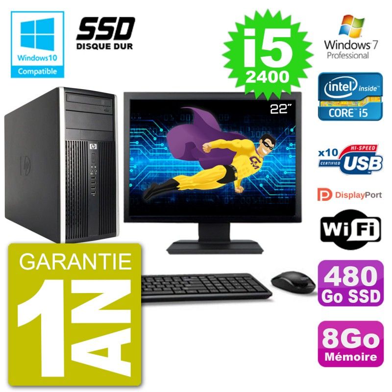 HP Compaq Pro 6300 MT Desktop PC - 22" Screen, Core i5-2400, 8GB RAM, 480GB SSD, DVD Burner, Wifi, Windows 7 Pro