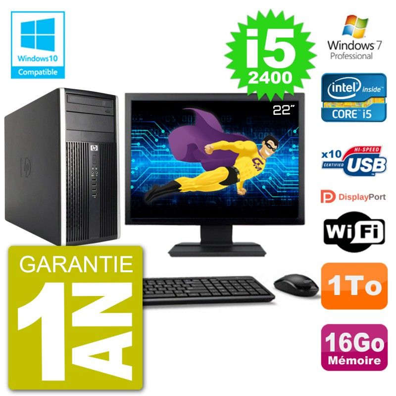 HP Compaq Pro 6300 MT Desktop PC - 22" Screen, Core i5-2400, 16GB RAM, 1TB HDD, DVD Burner, WiFi