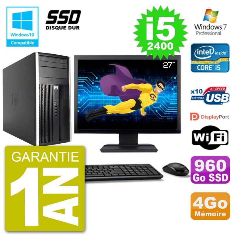 HP Compaq Pro 6300 MT Desktop PC - 27" Screen, Core i5-2400, 4GB RAM, 960GB SSD, DVD Drive, WiFi, Windows 7 Pro