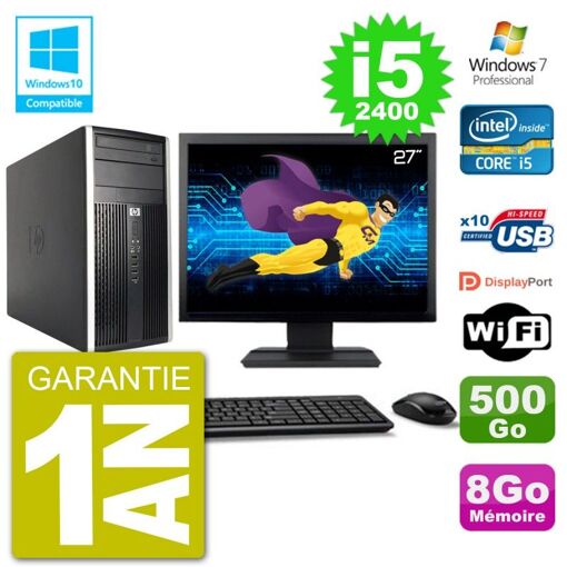 HP Compaq Pro 6300 MT Desktop PC - 27" Screen, i5-2400, 8GB RAM, 500GB HDD, DVD Burner, WiFi
