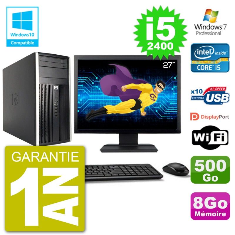 HP Compaq Pro 6300 MT Desktop PC - 27" Screen, i5-2400, 8GB RAM, 500GB HDD, DVD Burner, WiFi