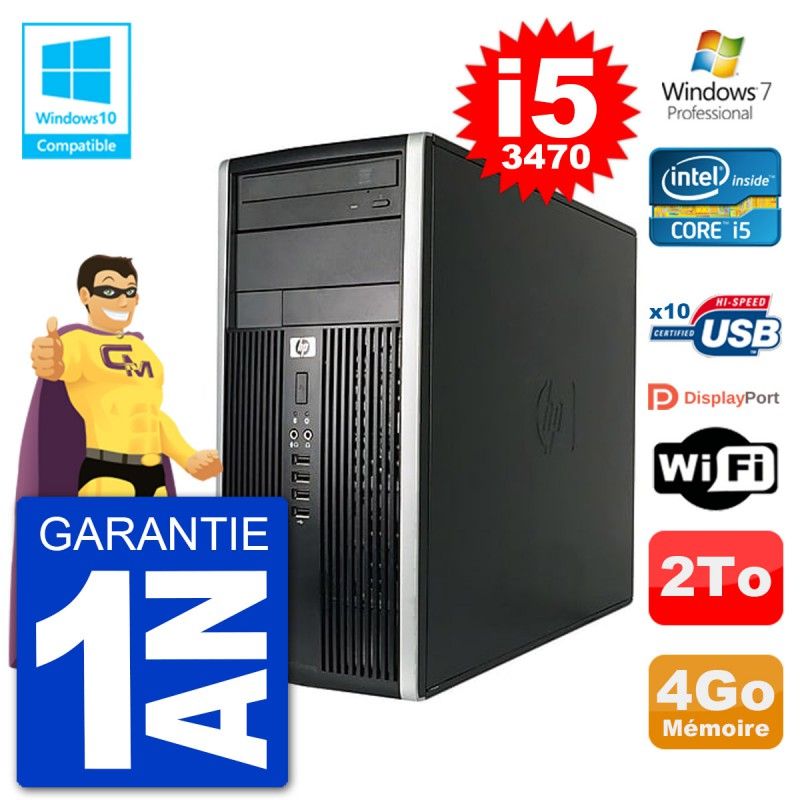 Ordinateur de bureau HP Compaq Pro 6300 MT - Processeur Intel Core i5-3470, 4 Go de RAM, Disque dur de 2 To, Graveur DVD, Wi-Fi, Windows 7 Pro