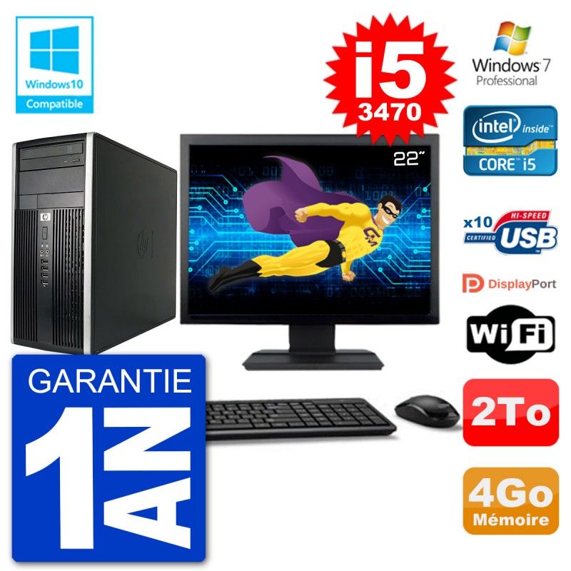 Ordinateur de bureau HP Compaq Pro 6300 MT - Écran 22'', Intel Core i5-3470, 4 Go de RAM, Disque dur 2 To