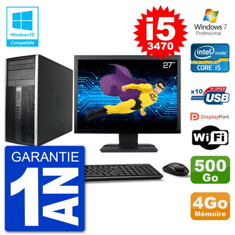Ordinateur de bureau HP 6300 MT - Écran 27", Intel Core i5-3470, 4 Go de RAM, 500 Go HDD, Lecteur DVD, Wi-Fi, Windows 7 Pro