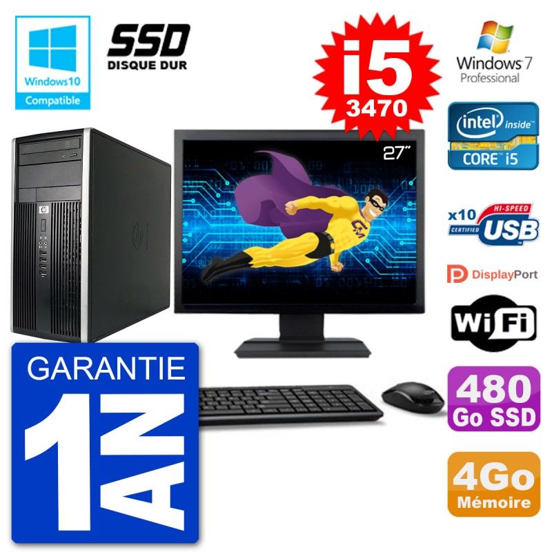 Ordinateur de bureau HP Compaq Pro 6300 MT - Écran 27'', Intel Core i5-3470, 4 Go de RAM, SSD 480 Go, Graveur DVD, Wifi, Windows 7 Pro