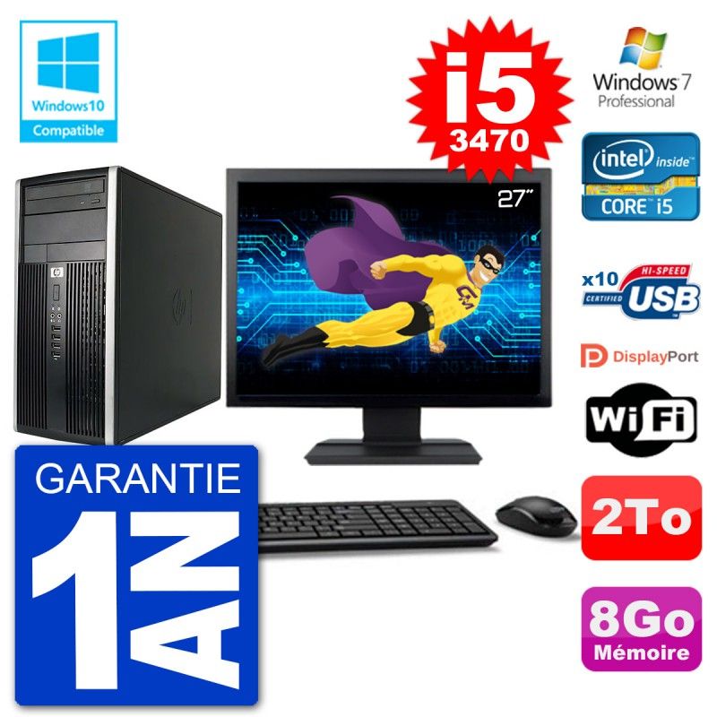 Ordinateur de bureau HP Compaq Pro 6300 MT - Écran 27'', Intel Core i5-3470, 8 Go de RAM, Disque dur 2 To, Lecteur DVD, Wifi, Windows 7 Pro