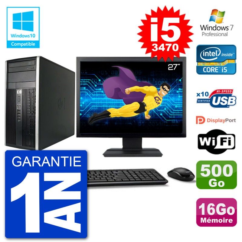 Ordinateur de bureau HP Compaq Pro 6300 MT - Écran 27'', Intel Core i5-3470, 16 Go RAM, 500 Go HDD, Lecteur DVD, Wifi