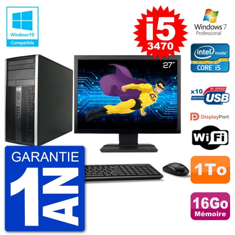 HP Compaq Pro 6300 MT Desktop PC - 27" Screen, Core i5-3470, 16GB RAM, 1TB HDD, DVD Drive, WiFi, Windows 7 Pro