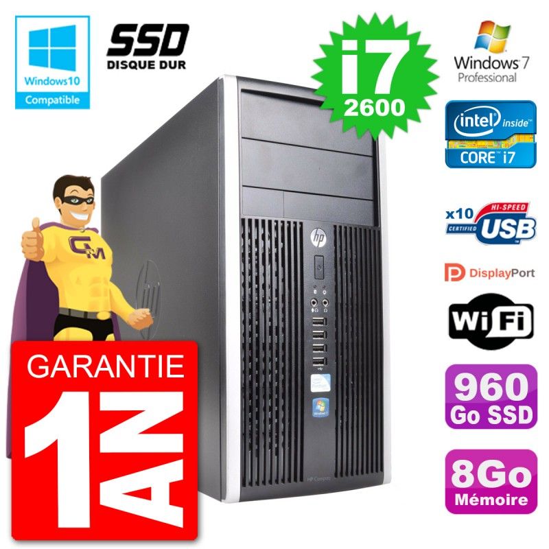 HP Compaq Pro 6300 MT Desktop PC - Intel Core i7-2600, 8GB RAM, 960GB SSD, DVD Burner, WiFi, Windows 7 Pro