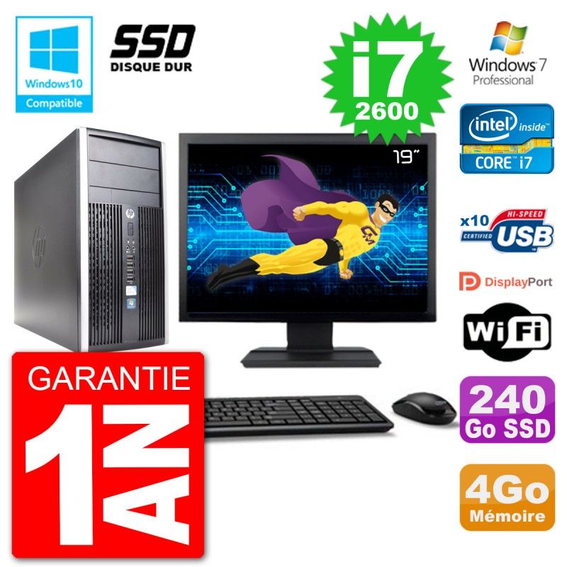 HP Compaq Pro 6300 MT Desktop PC - 19" Screen, Core i7-2600, 4GB RAM, 240GB SSD, DVD Burner, Wifi, Windows 7