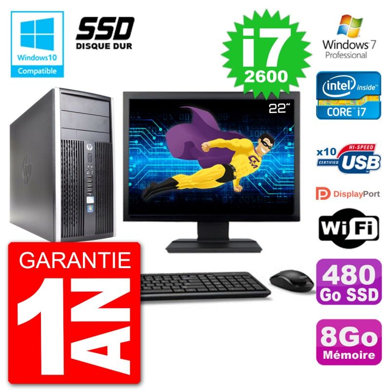 HP Compaq Pro 6300 MT Desktop PC - 22" Screen, Core i7-2600, 8GB RAM, 480GB SSD, DVD Burner, Wifi, Windows 7