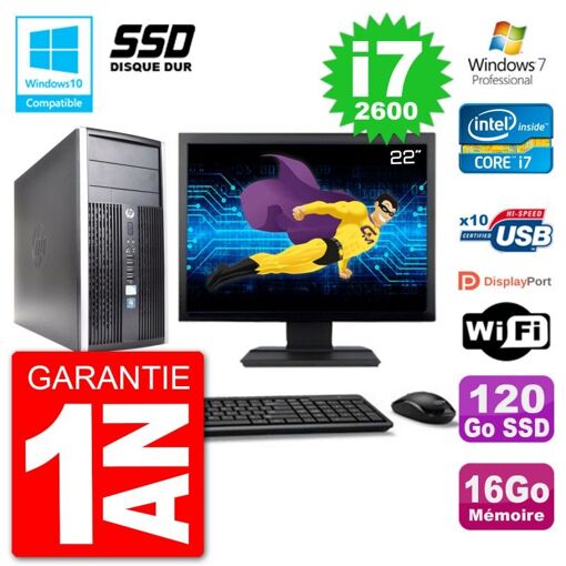 PC de escritorio HP Compaq Pro 6300 MT - Pantalla de 22'', Procesador Intel Core i7-2600, 16GB RAM, SSD de 120GB, Unidad de DVD, Wifi, Windows 7 Profesional