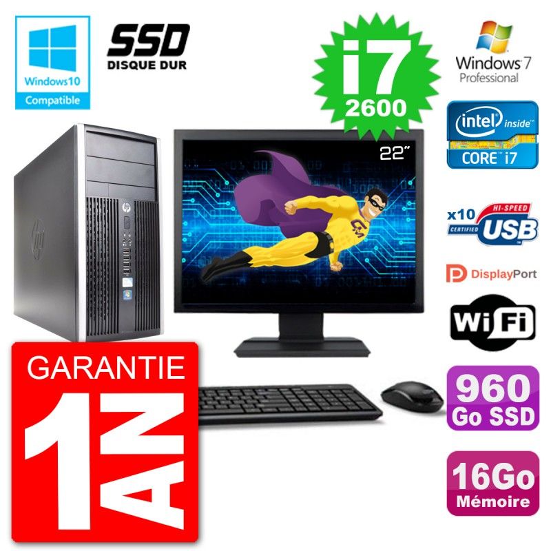 HP 6300 MT Desktop PC - 22" Screen, Core i7-2600, 16GB RAM, 960GB SSD, DVD Burner, WiFi, Windows 7 Pro