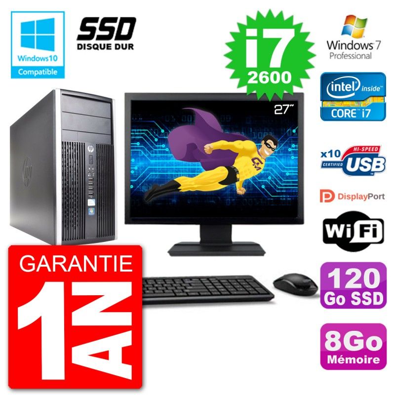 HP Compaq Pro 6300 MT Desktop Computer - 27" Screen, Intel Core i7-2600, 8GB RAM, 120GB SSD, DVD Drive, Wifi, Windows 7 Pro