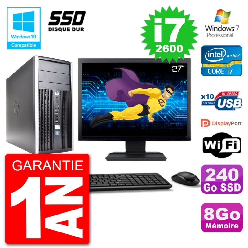 HP 6300 MT Desktop Computer - 27" Screen, Core i7-2600, 8GB RAM, 240GB SSD, DVD Drive, WiFi, Windows 7 Pro