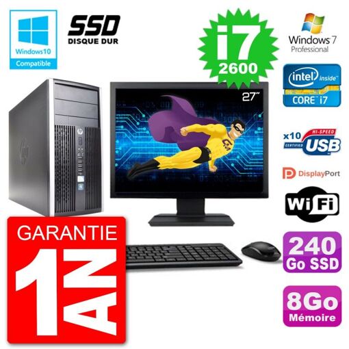 Computadora de escritorio HP 6300 MT - Pantalla de 27", Procesador Intel Core i7-2600, 8 GB de RAM, SSD de 240 GB, Unidad de DVD, WiFi, Windows 7 Profesional
