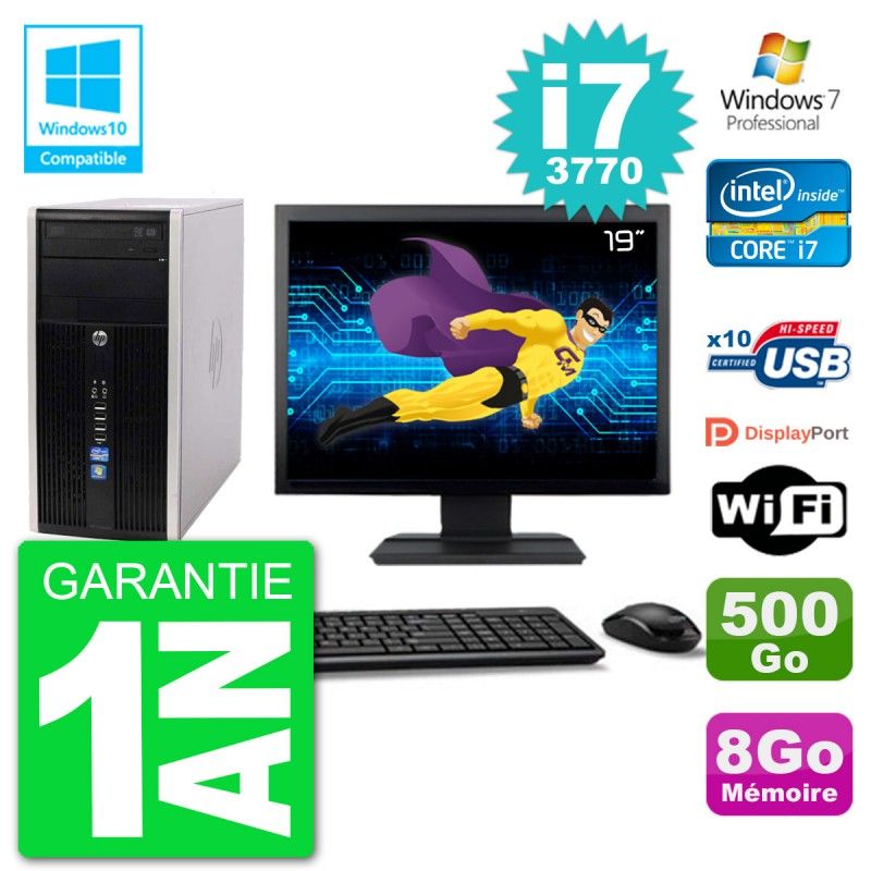Ordinateur de bureau HP Compaq Pro 6300 MT - Écran 19'', Intel Core i7-3770, 8 Go RAM, 500 Go HDD, Gravure DVD, Wifi, Windows 7 Professionnel