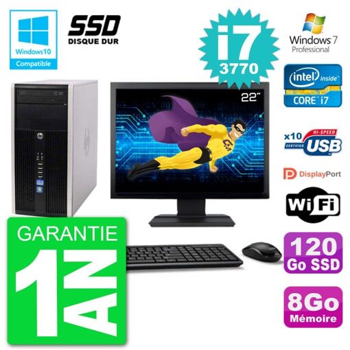 PC de escritorio HP Compaq Pro 6300 MT - Pantalla de 22', Intel Core i7-3770, 8GB RAM, SSD de 120GB, Grabadora de DVD, WiFi, Windows 7 Pro