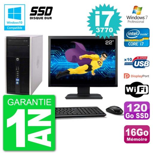Computadora de escritorio HP Compaq Pro 6300 MT - Pantalla de 22'', Procesador Intel Core i7-3770, 16 GB de RAM, 120 GB SSD, Grabadora de DVD, Wifi, Windows 7 Pro