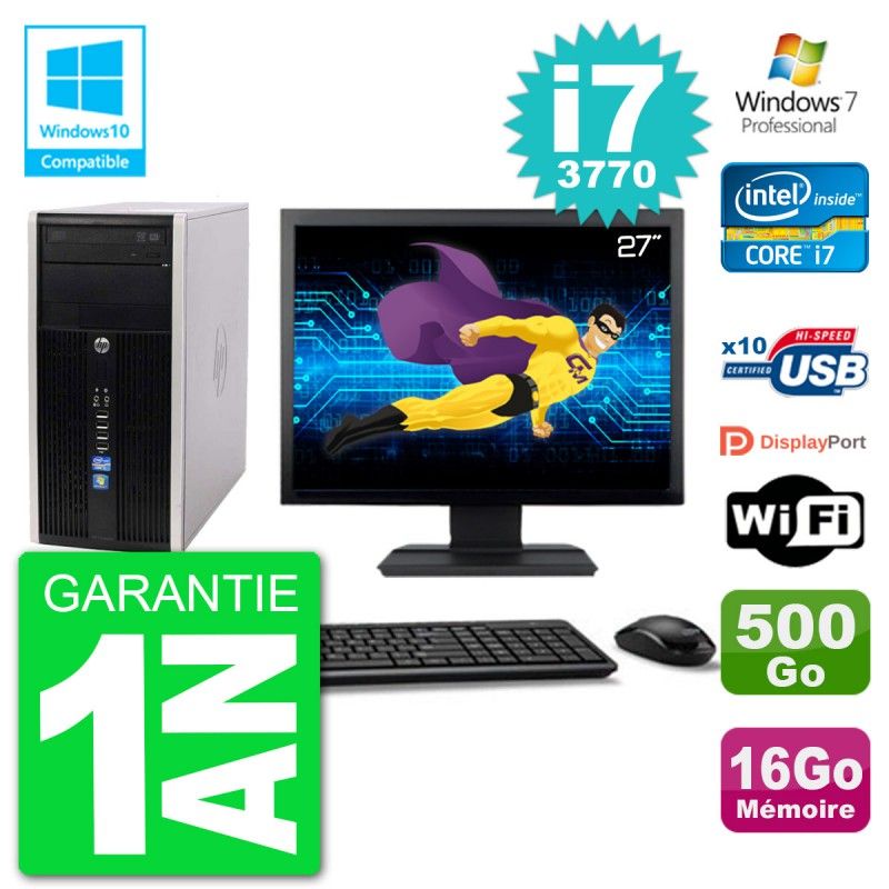 Ordinateur de bureau HP 6300 MT - Écran 27", Processeur i7-3770, 16 Go de RAM, Disque dur 500 Go, Gravure DVD, Wi-Fi, Windows 7 Pro