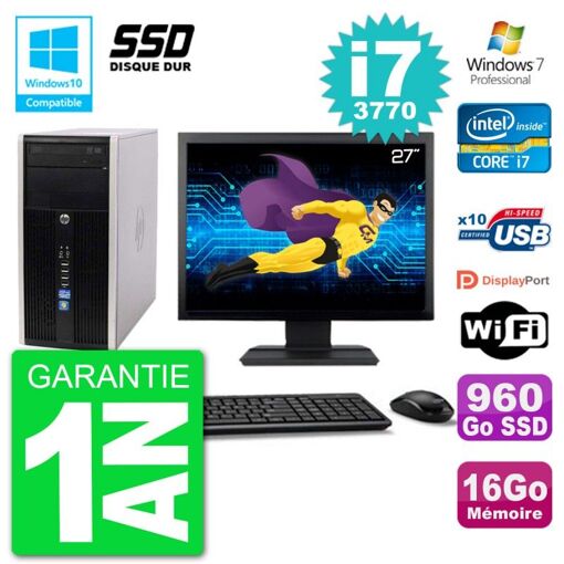 HP Compaq Pro 6300 MT Desktop PC - 27" Screen, Core i7-3770, 16GB RAM, 960GB SSD, DVD Drive, Wifi, Windows 7 Pro