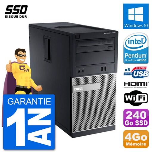 Dell Optiplex 3010 MT Desktop PC - Intel Pentium G2020, 4GB RAM, 240GB SSD, HDMI, Windows 10, WiFi