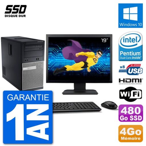 Dell Optiplex 3010 MT Desktop PC - 19" Screen, Intel Pentium G2020, 4GB RAM, 480GB SSD, HDMI, Windows 10, Wifi