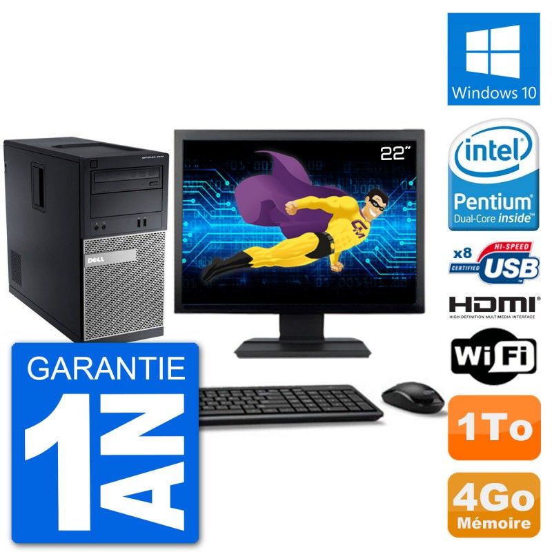 Dell Optiplex 3010 MT Desktop Computer - 22" Screen, Intel Pentium G2020, 4GB RAM, 1TB HDD, HDMI, Windows 10, WiFi