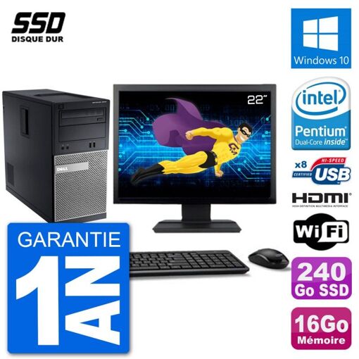 Dell Optiplex 3010 MT Computer, 22" Screen, Intel Pentium G2020, 16GB RAM, 240GB SSD, HDMI, Windows 10, Wifi
