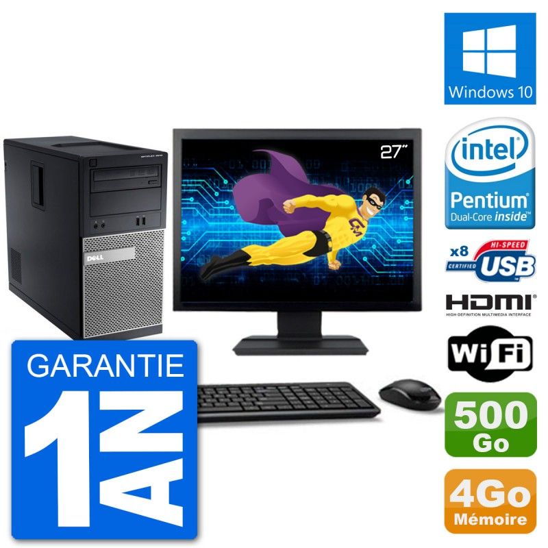 Dell Optiplex 3010 MT Desktop PC - 27" Screen, Intel Pentium G2020, 4GB RAM, 500GB HDD, HDMI, WiFi, Windows 10