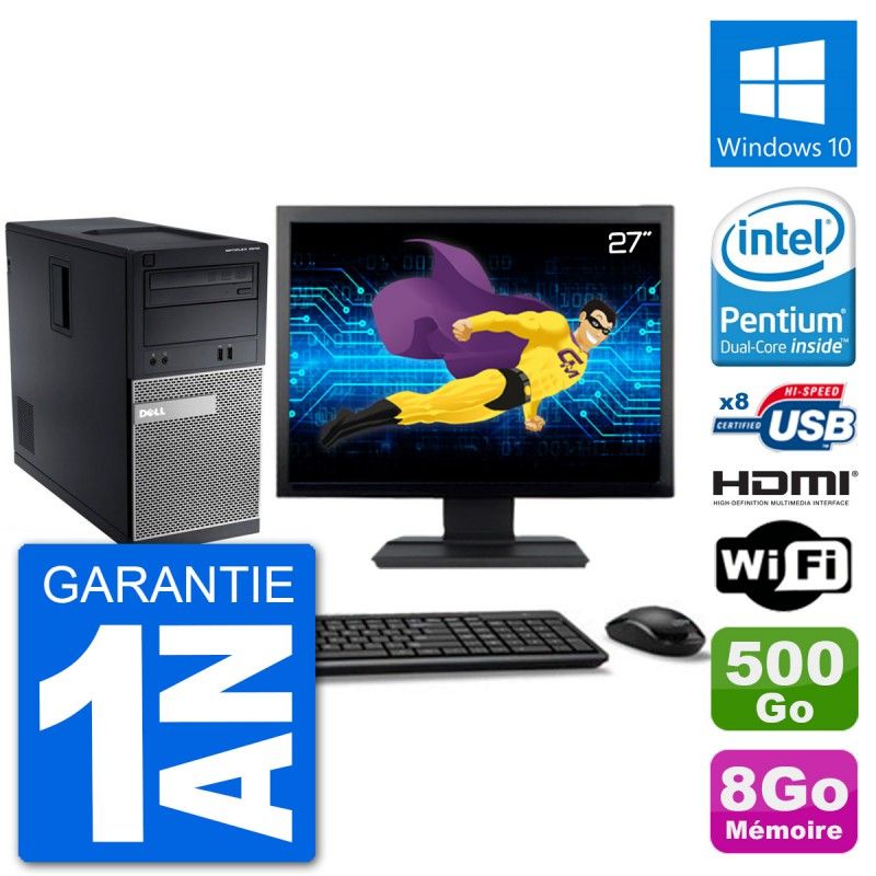 Dell Optiplex 3010 MT Desktop Computer, 27" Screen, Intel Pentium G2020, 8GB RAM, 500GB HDD, HDMI, Windows 10, WiFi