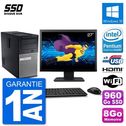 Dell Optiplex 3010 MT Desktop Computer, 27" Screen, Intel Pentium G2020, 8GB RAM, 960GB SSD, HDMI, Windows 10, WiFi