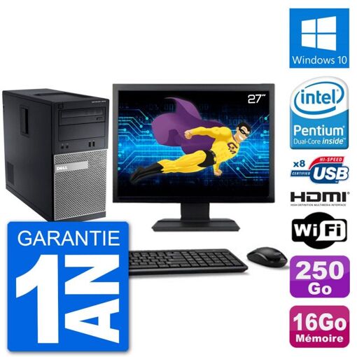 Dell Optiplex 3010 MT Desktop PC - 27" Screen, Intel Pentium G2020, 16GB RAM, 250GB HDD, HDMI, Windows 10, WiFi