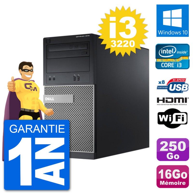 Dell Optiplex 3010 MT Desktop PC - i3-3220, 16GB RAM, 250GB HDD, HDMI, Windows 10, Wifi