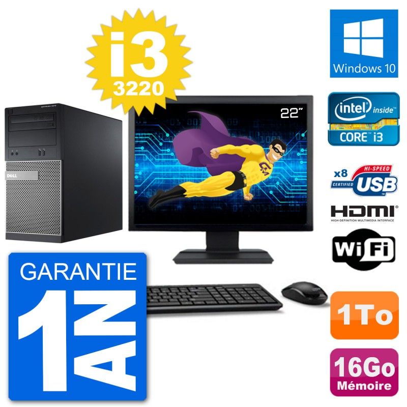 Dell Optiplex 3010 MT Desktop Computer - 22" Screen, Intel i3-3220, 16GB RAM, 1TB HDD, HDMI, Windows 10, WiFi