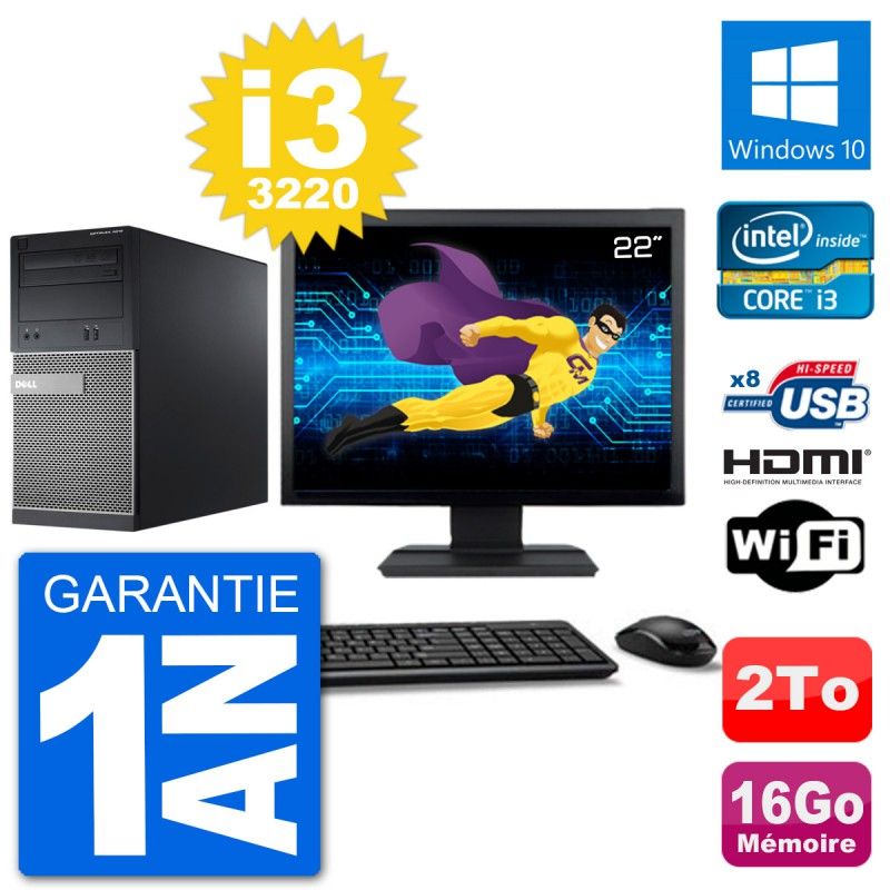 Dell Optiplex 3010 MT Desktop PC - 22" Screen, i3-3220, 16GB RAM, 2TB HDD, HDMI, Windows 10, WiFi