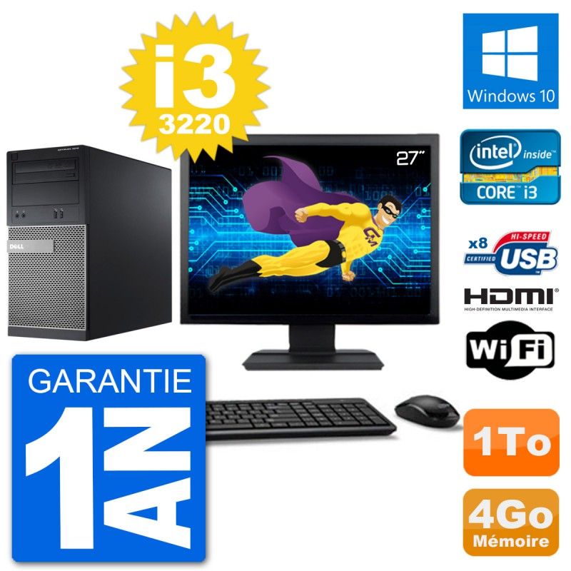 Dell Optiplex 3010 MT Desktop PC - 27" Screen, i3-3220, 4GB RAM, 1TB HDD, HDMI, Windows 10, Wifi