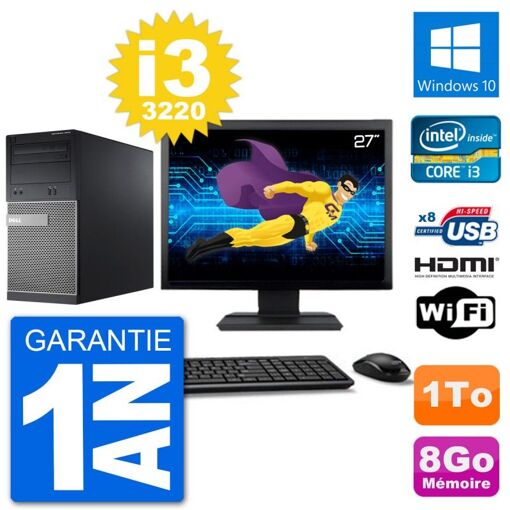 Dell Optiplex 3010 MT Desktop PC - 27" Screen, i3-3220, 8GB RAM, 1TB HDD, HDMI, Windows 10, WiFi