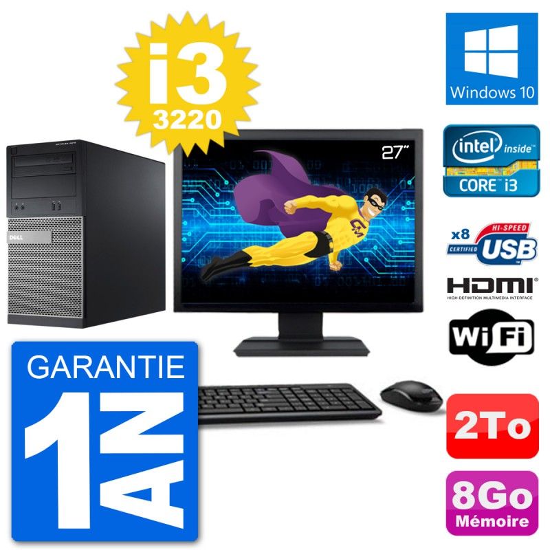Dell Optiplex 3010 MT Desktop PC - 27" Screen, i3-3220, 8GB RAM, 2TB HDD, HDMI, Windows 10, Wifi
