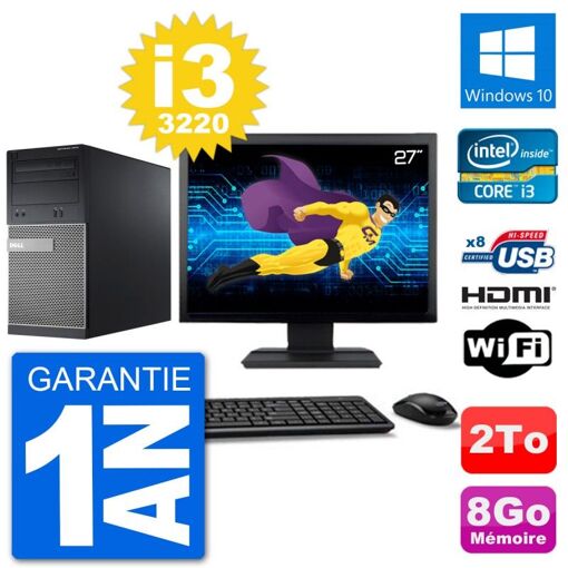 Dell Optiplex 3010 MT Desktop PC - 27" Screen, i3-3220, 8GB RAM, 2TB HDD, HDMI, Windows 10, Wifi