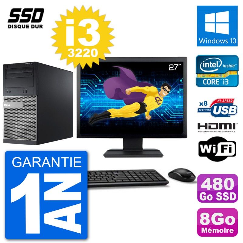 Dell Optiplex 3010 MT Desktop Computer, 27" Screen, i3-3220, 8GB RAM, 480GB SSD, HDMI, Windows 10, Wifi