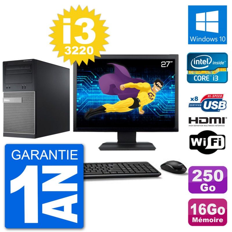 Dell Optiplex 3010 MT Desktop PC - 27" Screen, i3-3220, 16GB RAM, 250GB HDD, HDMI, WiFi