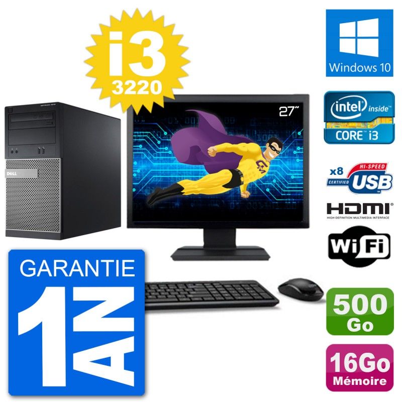 Dell Optiplex 3010 MT Computer - 27" Screen, i3-3220, 16GB RAM, 500GB HDD, HDMI, WiFi