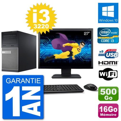 Dell Optiplex 3010 MT Computer - 27" Screen, i3-3220, 16GB RAM, 500GB HDD, HDMI, WiFi