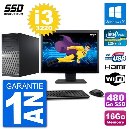 Dell Optiplex 3010 MT Desktop PC - 27" Screen, i3-3220, 16GB RAM, 480GB SSD, HDMI, Windows 10, Wifi