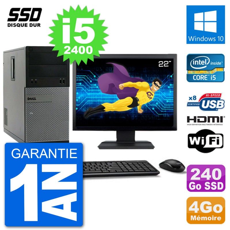 Dell Optiplex 3010 MT Desktop PC - 22" Screen, i5-2400, 4GB RAM, 240GB SSD, HDMI, Windows 10, Wifi