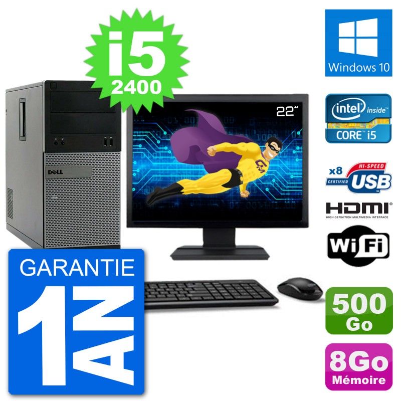 Dell Optiplex 3010 MT Desktop PC - 22" Screen, i5-2400, 8GB RAM, 500GB HDD, HDMI, Windows 10, WiFi